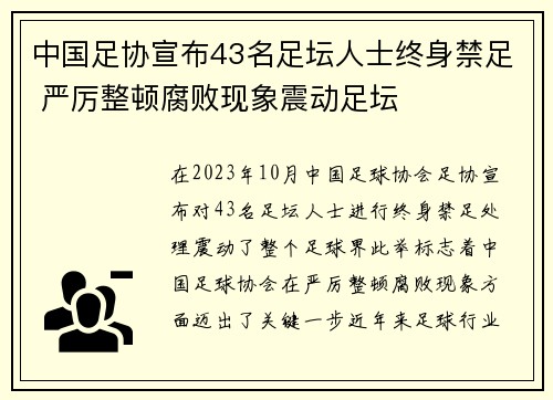 中国足协宣布43名足坛人士终身禁足 严厉整顿腐败现象震动足坛 中国足协宣布43名足坛人士终身禁足 严厉整顿腐败现象震动足坛